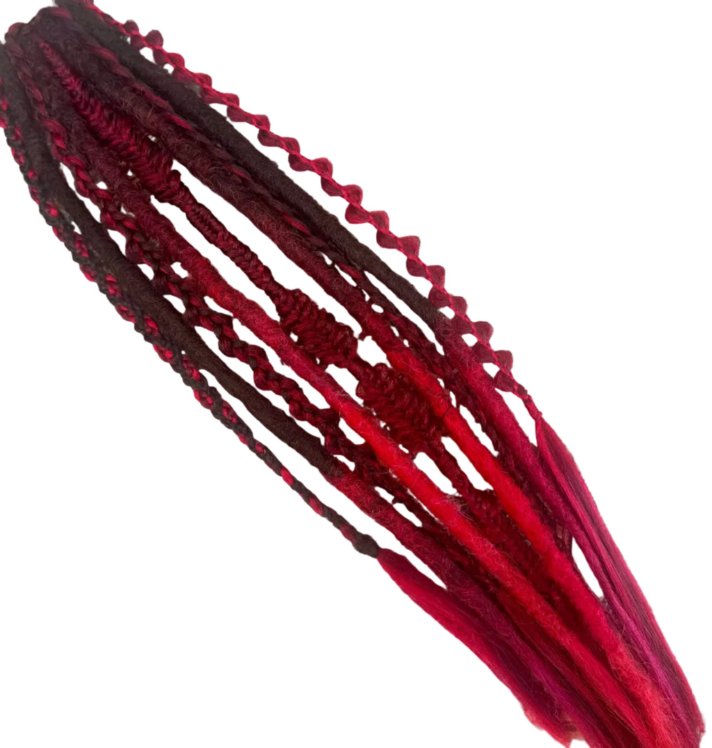 Bohemian style mixed dreadlock & braid ponytail extension wrap - mixed brown/red ombre